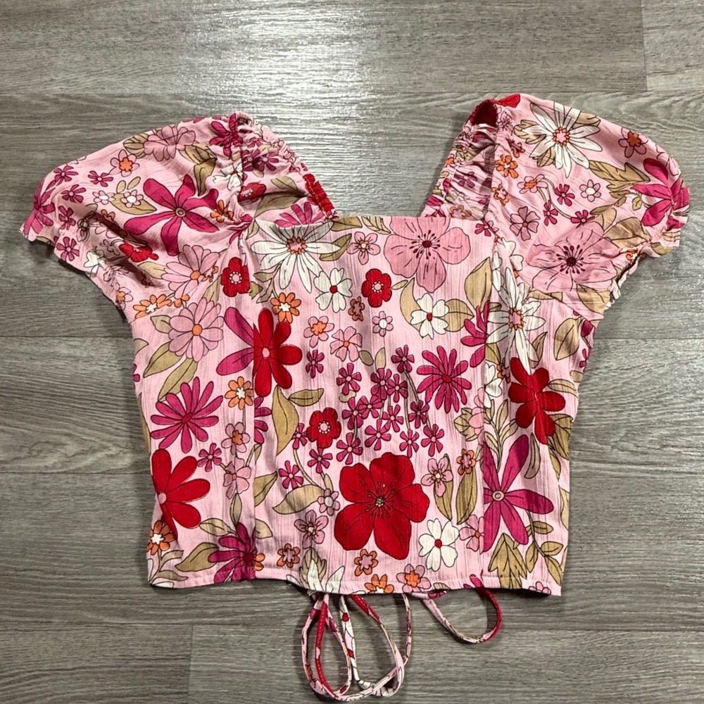 Floral Puff Sleeve Crop Top Pink Angie Square Neck Boho Back Tie Hem Blouse